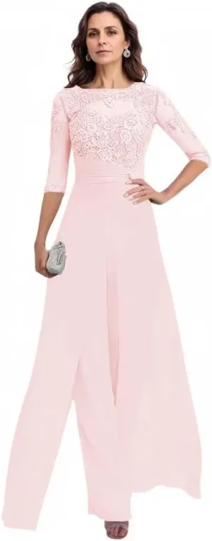 2 Pieces Pant Suits for Women Dressy 3/4 Sleeve Lace Applique Chiffon Mother of The Bride Pantsuits for Wedding Guest