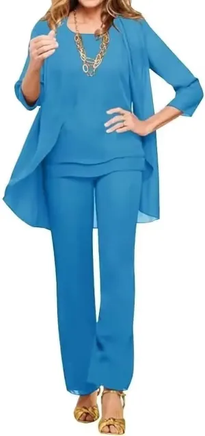 3 Pieces Pant Suits for Women Dressy Wedding Chiffon Mother of The Bride Pantsuits 3/4 Sleeves Formal Outfit Sets