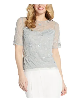 ADRIANNA PAPELL Womens Gray Zippered Beaded And Sequined Lined Short Sleeve Boat Neck Party Top
