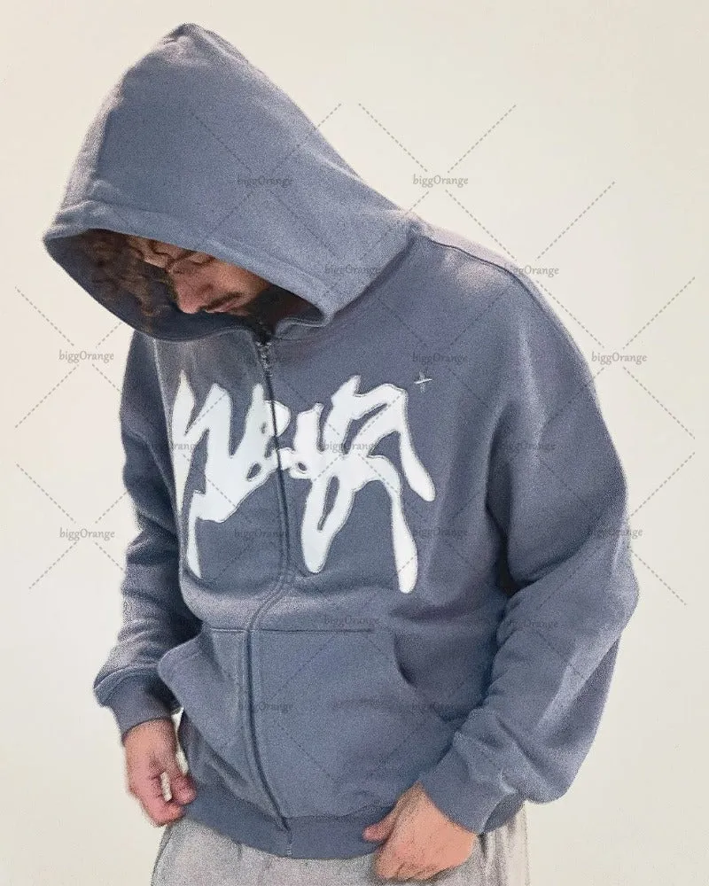 Advbridge 2024 Trendy Gothic Punk Graphic Print Zipper Hoodie Street Harajuku Retro Oversized Sweatshirt Men Hip Hop Casual Loose Jacket