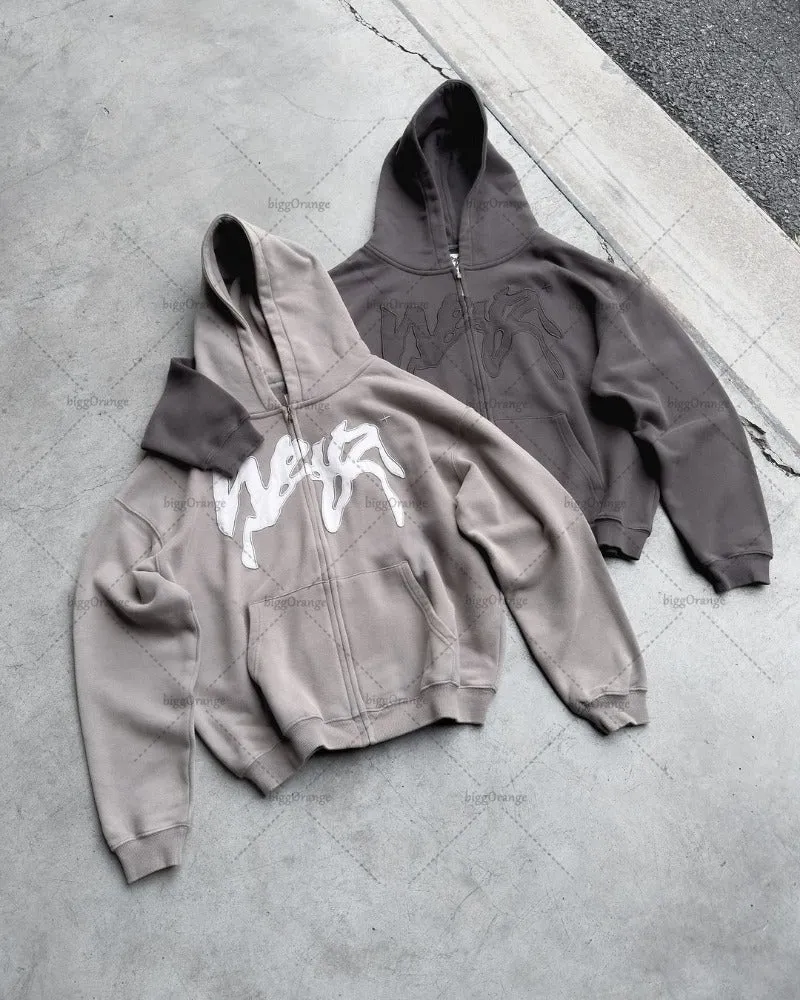 Advbridge 2024 Trendy Gothic Punk Graphic Print Zipper Hoodie Street Harajuku Retro Oversized Sweatshirt Men Hip Hop Casual Loose Jacket