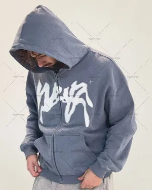 Advbridge 2024 Trendy Gothic Punk Graphic Print Zipper Hoodie Street Harajuku Retro Oversized Sweatshirt Men Hip Hop Casual Loose Jacket