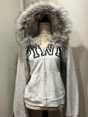 Advbridge Gothic Punk Retro Fur Collar Zipper Hoodie Y2K Harajuku Vintage Trendy Brand Streetwear Sweatshirt Winter Clothing Women Jacket