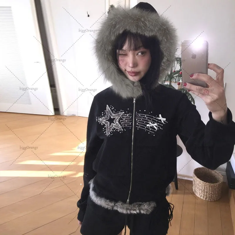 Advbridge Gothic Punk Retro Fur Collar Zipper Hoodie Y2K Harajuku Vintage Trendy Brand Streetwear Sweatshirt Winter Clothing Women Jacket