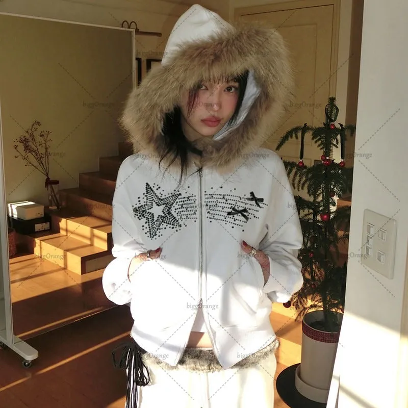 Advbridge Gothic Punk Retro Fur Collar Zipper Hoodie Y2K Harajuku Vintage Trendy Brand Streetwear Sweatshirt Winter Clothing Women Jacket