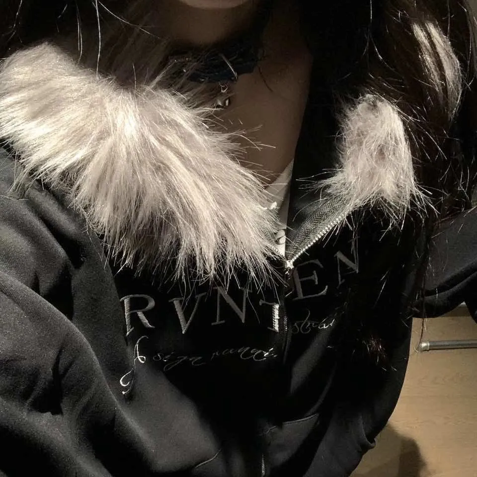 Advbridge Gothic Punk Retro Fur Collar Zipper Hoodie Y2K Harajuku Vintage Trendy Brand Streetwear Sweatshirt Winter Clothing Women Jacket