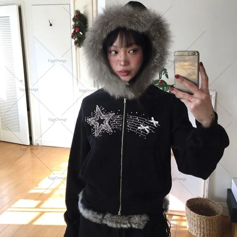Advbridge Gothic Punk Retro Fur Collar Zipper Hoodie Y2K Harajuku Vintage Trendy Brand Streetwear Sweatshirt Winter Clothing Women Jacket