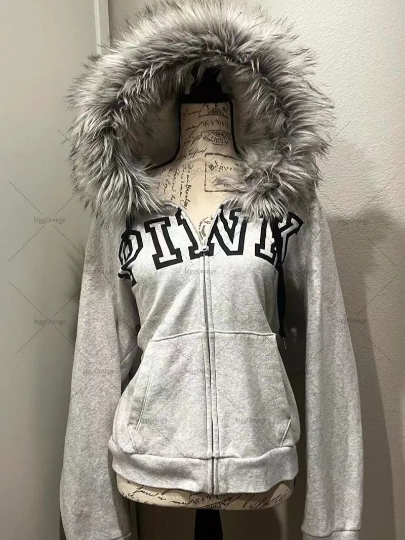 Advbridge Gothic Punk Retro Fur Collar Zipper Hoodie Y2K Harajuku Vintage Trendy Brand Streetwear Sweatshirt Winter Clothing Women Jacket