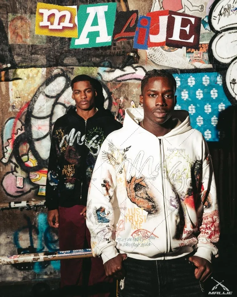 Advbridge New Trendy Brand Streetwear Jacket Hip-hop Punk Pattern Printed Zipper Hoodie Men Y2K Harajuku Retro Casual Oversized Sweatshirt
