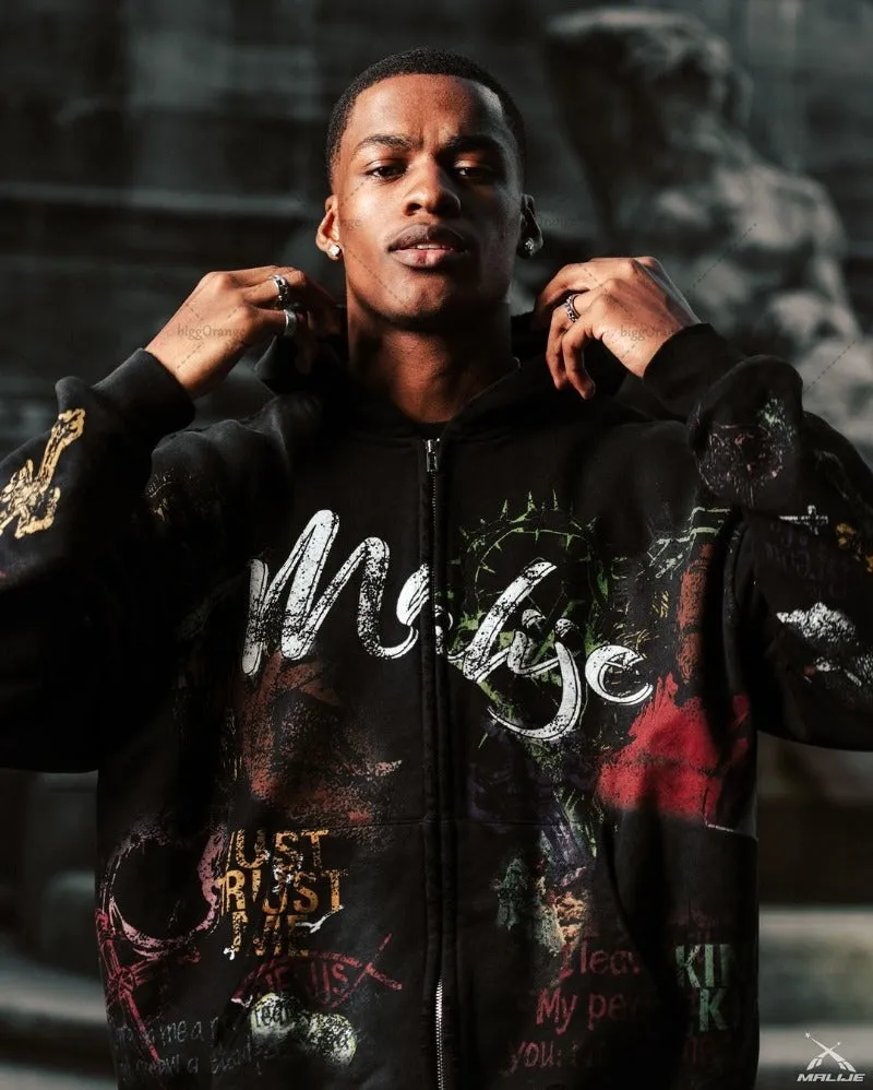 Advbridge New Trendy Brand Streetwear Jacket Hip-hop Punk Pattern Printed Zipper Hoodie Men Y2K Harajuku Retro Casual Oversized Sweatshirt