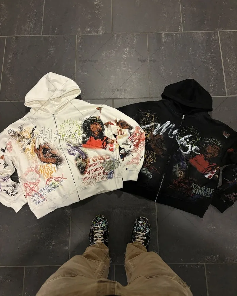 Advbridge New Trendy Brand Streetwear Jacket Hip-hop Punk Pattern Printed Zipper Hoodie Men Y2K Harajuku Retro Casual Oversized Sweatshirt