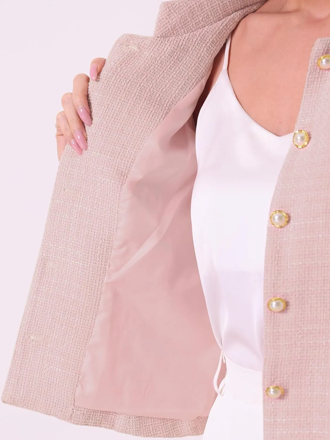 Allegra K Women's Plaid Tweed Blazer Long Sleeve Button Down Work Office Short Jacket