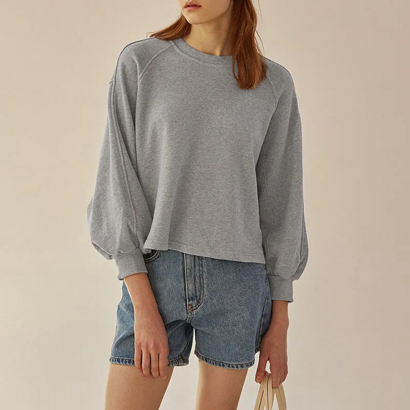 Autumn Winter Hoodie Loose Short Lantern Sleeve Stitching Pure Cotton French Casual Pullover Women Clothing