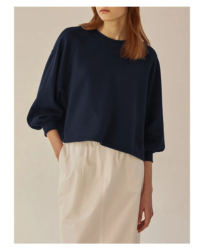 Autumn Winter Hoodie Loose Short Lantern Sleeve Stitching Pure Cotton French Casual Pullover Women Clothing