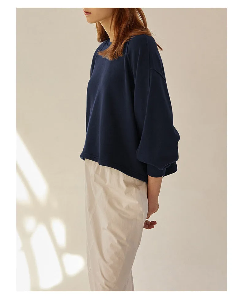 Autumn Winter Hoodie Loose Short Lantern Sleeve Stitching Pure Cotton French Casual Pullover Women Clothing