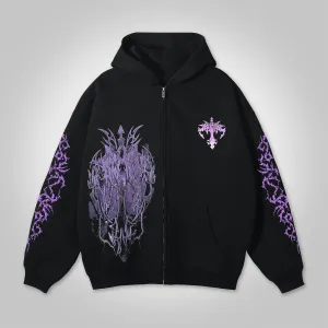 Blavra Cross Print Graphic Loose Velvet Pocket Zip Hoodie