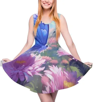 Butterfly Wildflowers Floral Women's Dress Round Neck Dress Sleeveless Tank Dress Ruffle Hem Mini Dresses XS