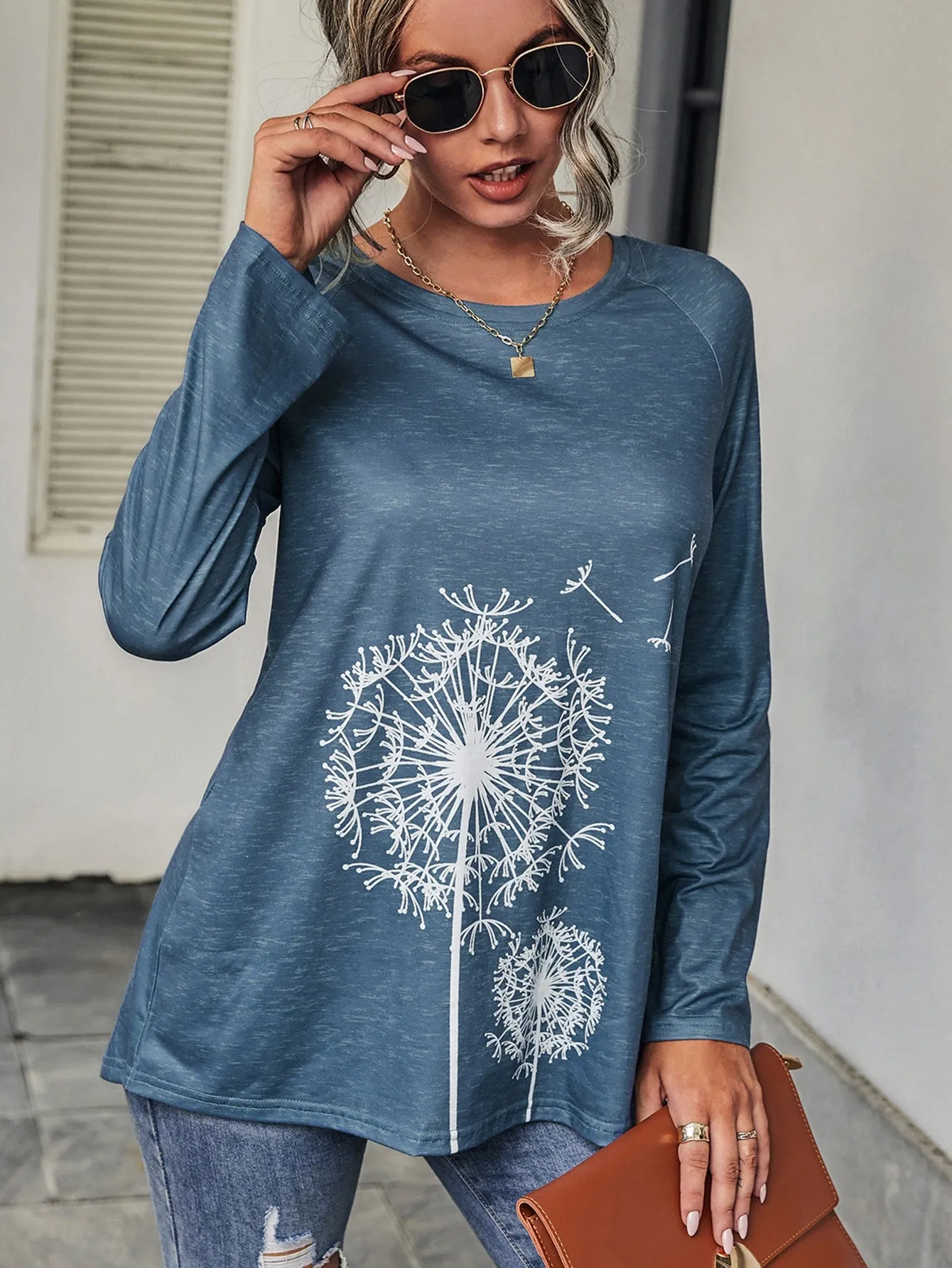 Casual Plants Long Sleeve Round Neck Long Women T-Shirt