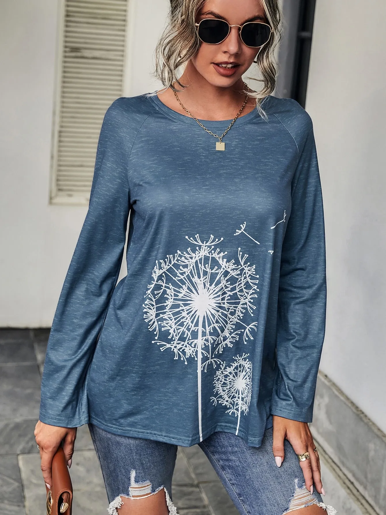 Casual Plants Long Sleeve Round Neck Long Women T-Shirt