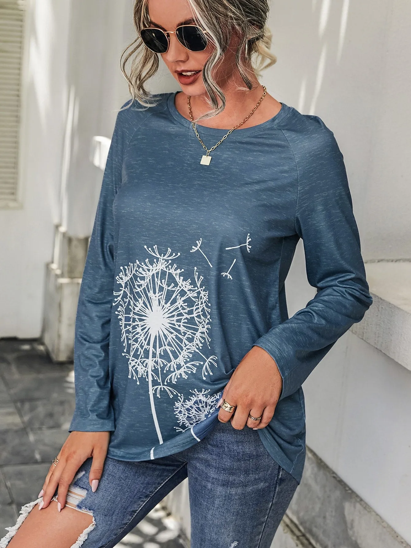 Casual Plants Long Sleeve Round Neck Long Women T-Shirt