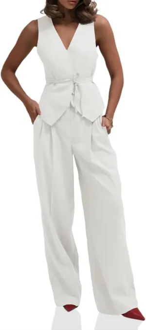 Cicy Bell Womens 2 Piece Outfits V Neck Tie Waist Blazer Vest and Wide Leg Business Casual Suit Pants Sets White