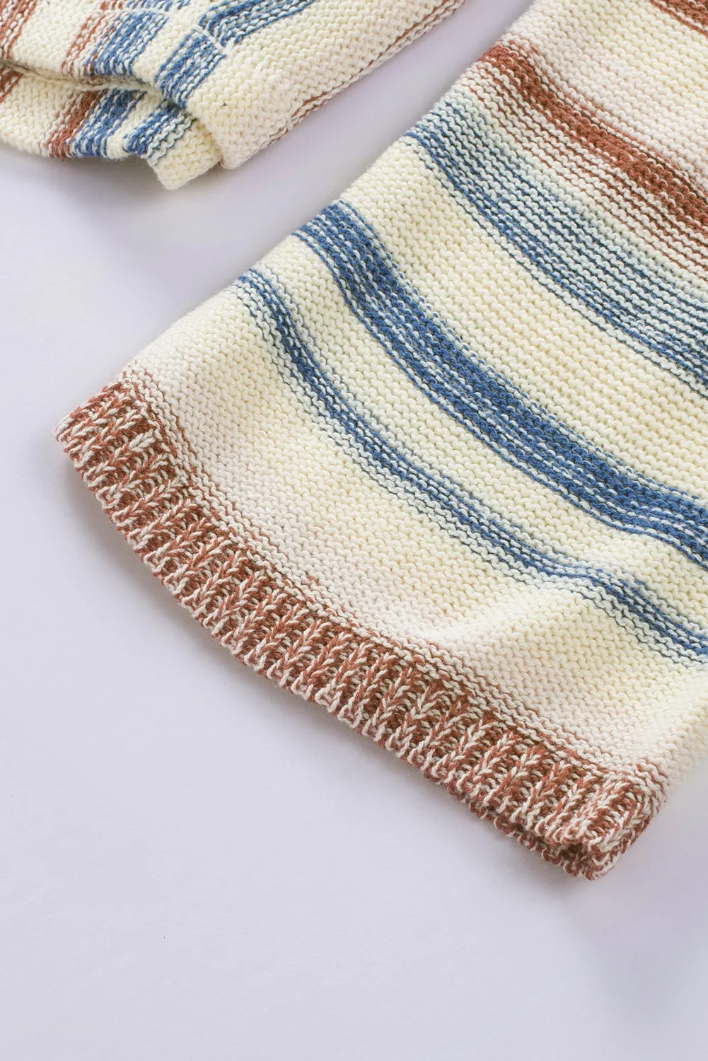 color Striped Knit Kangaroo Pocket Hooded Sweater