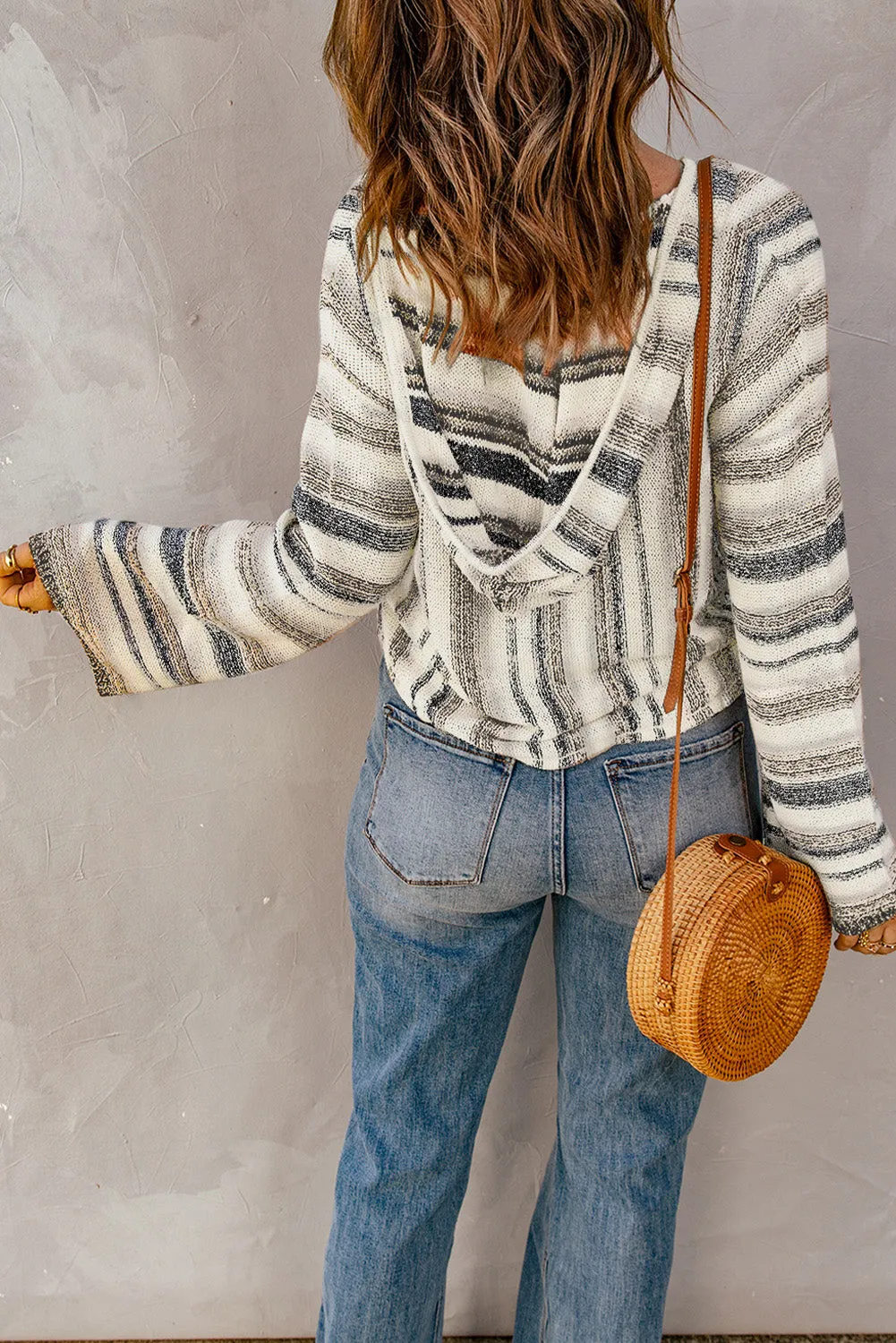 color Striped Knit Kangaroo Pocket Hooded Sweater