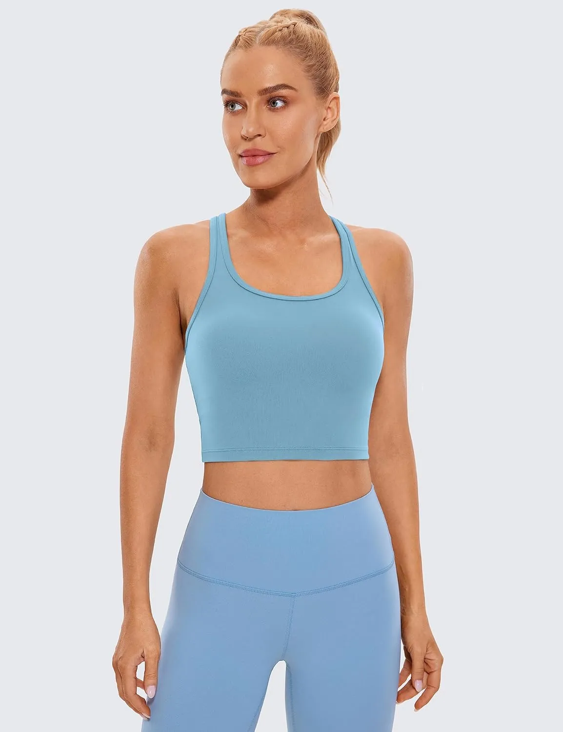 CRZ YOGA Butterluxe Womens Y-Back Racerback Longline Sports Bra - Padded Scoop Neck Workout Crop Tank Top with Built in Pads