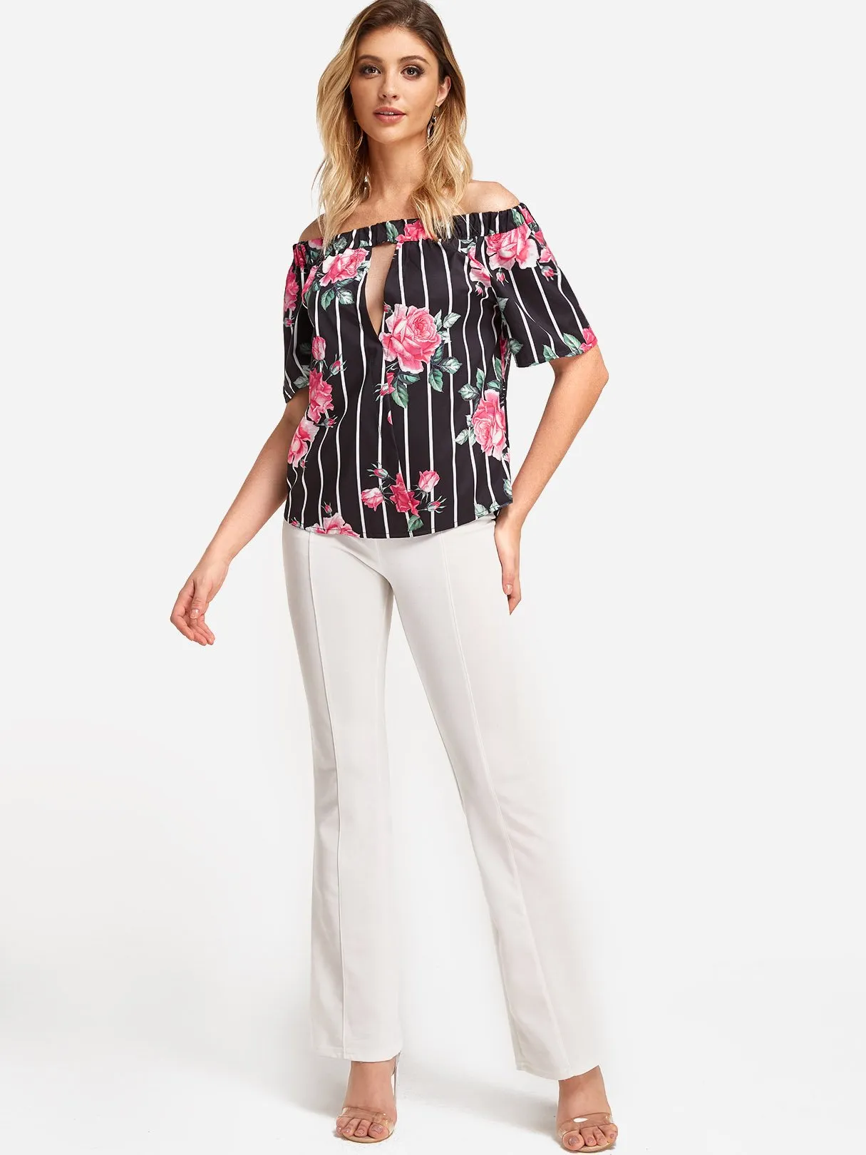 Custom Bateau Stripe Floral Print Cut Out Short Sleeve Curved Hem Black T-Shirts