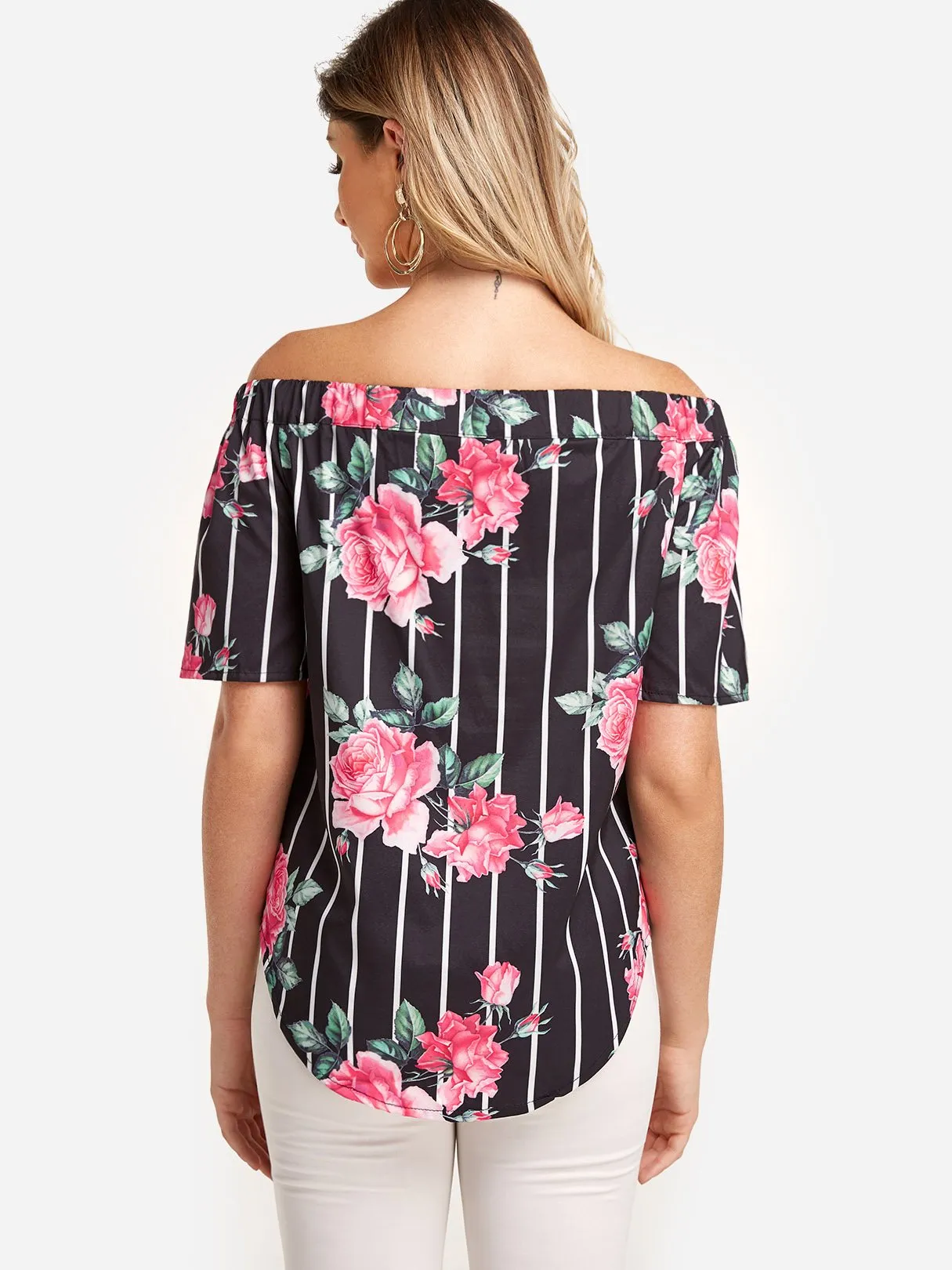Custom Bateau Stripe Floral Print Cut Out Short Sleeve Curved Hem Black T-Shirts
