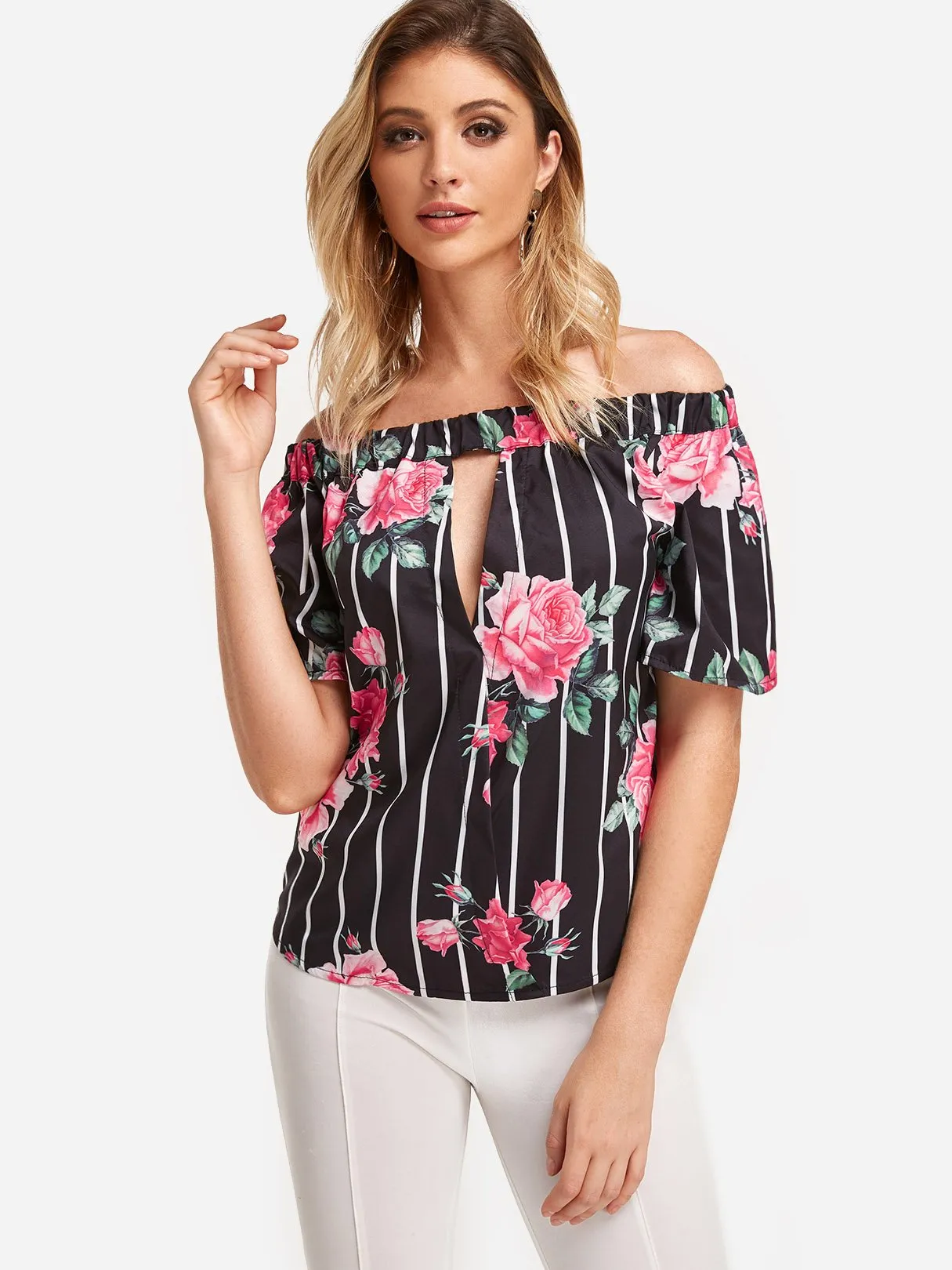 Custom Bateau Stripe Floral Print Cut Out Short Sleeve Curved Hem Black T-Shirts