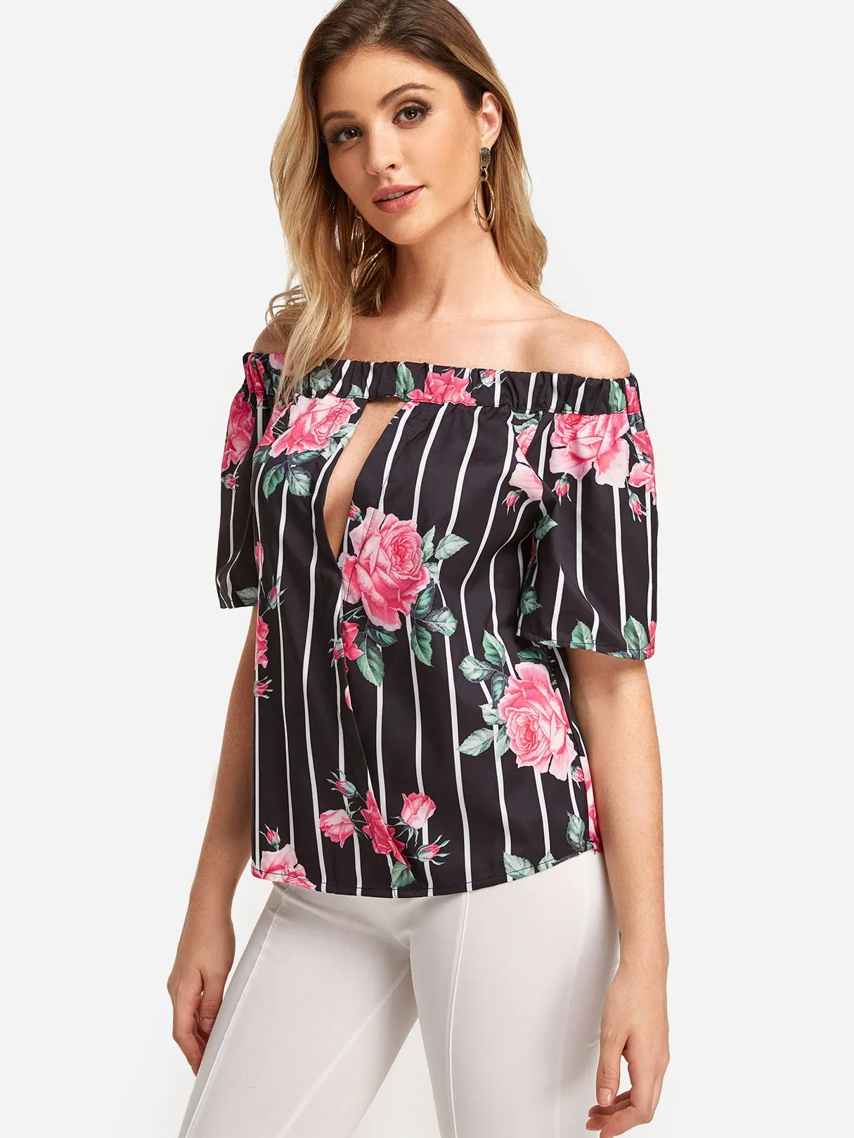 Custom Bateau Stripe Floral Print Cut Out Short Sleeve Curved Hem Black T-Shirts