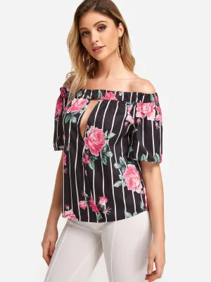 Custom Bateau Stripe Floral Print Cut Out Short Sleeve Curved Hem Black T-Shirts