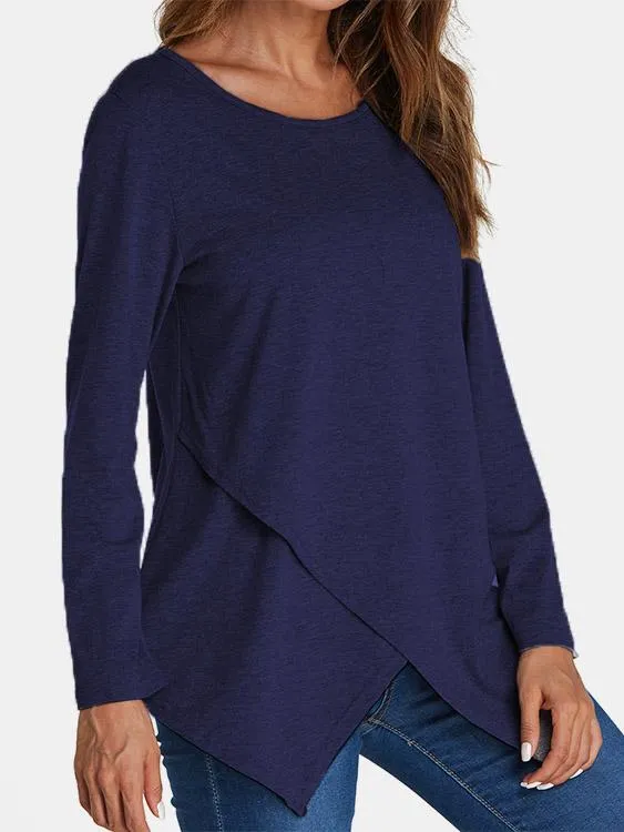 Custom Round Neck Crossed Front Long Sleeve Irregular Hem T-Shirts
