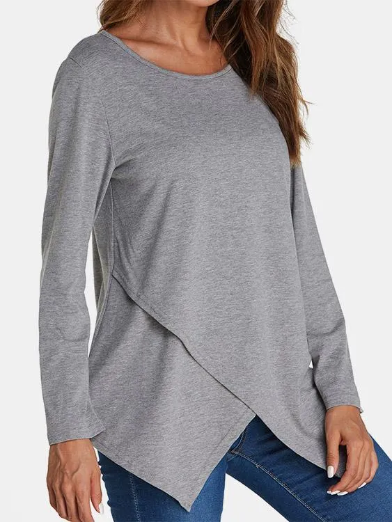 Custom Round Neck Crossed Front Long Sleeve Irregular Hem T-Shirts