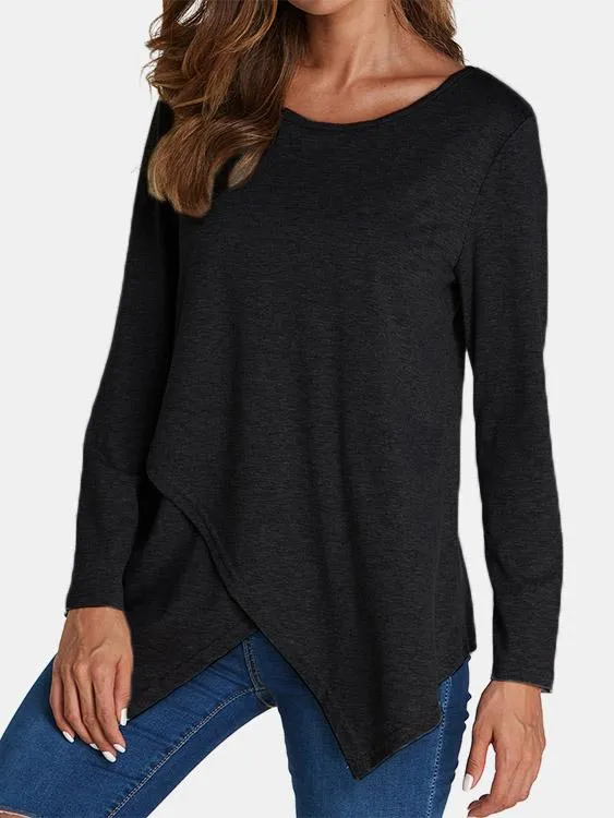 Custom Round Neck Crossed Front Long Sleeve Irregular Hem T-Shirts