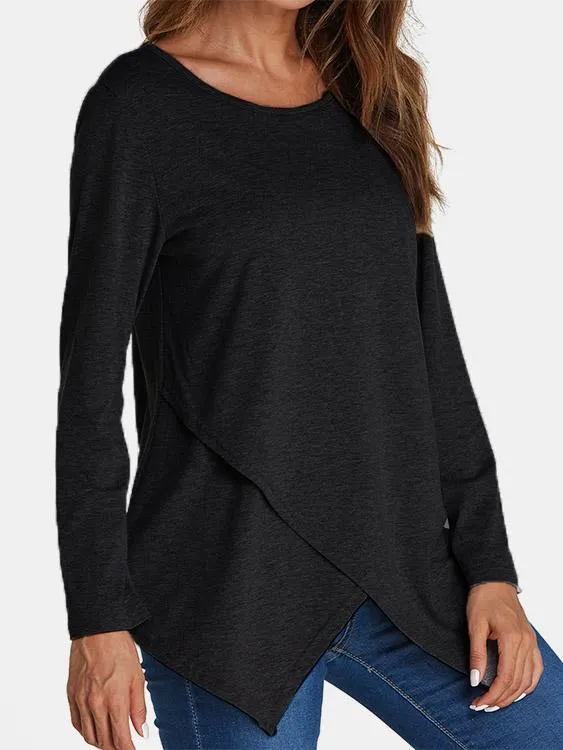 Custom Round Neck Crossed Front Long Sleeve Irregular Hem T-Shirts