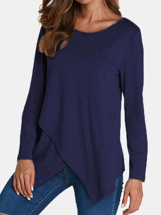 Custom Round Neck Crossed Front Long Sleeve Irregular Hem T-Shirts