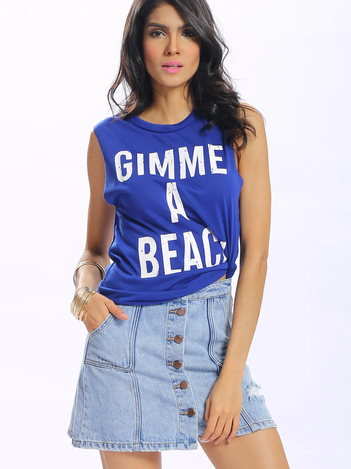 Custom Round Neck Letter Sleeveless Blue T-Shirts