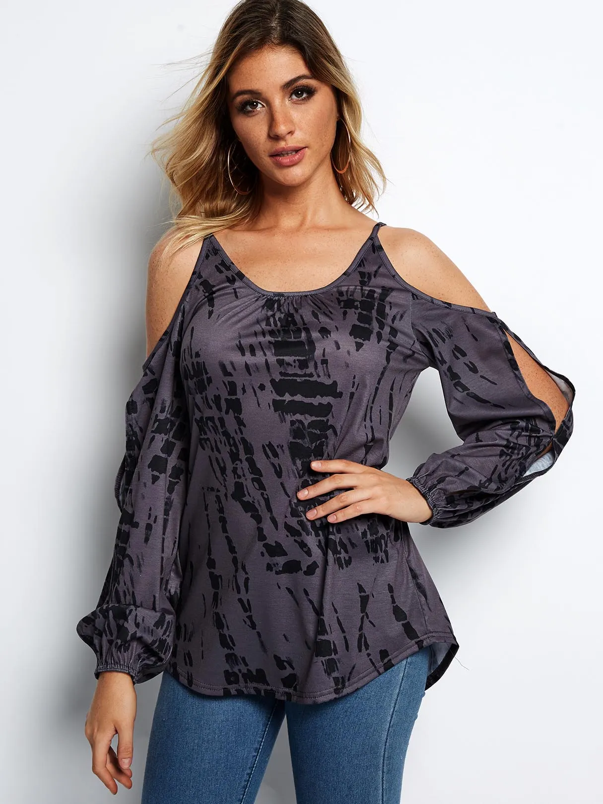 Custom Round Neck Printed Cut Out Long Sleeve Purple T-Shirts