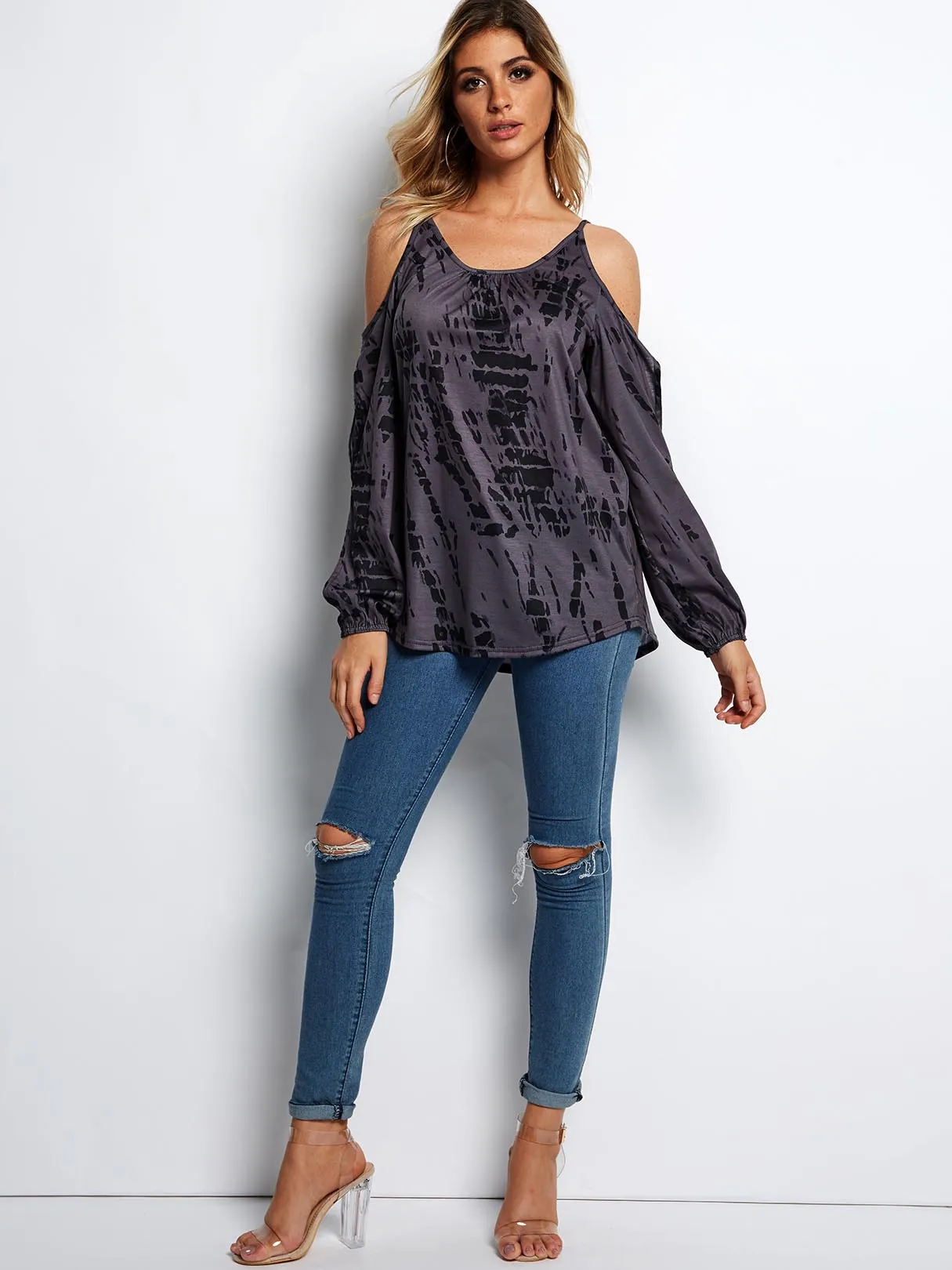 Custom Round Neck Printed Cut Out Long Sleeve Purple T-Shirts