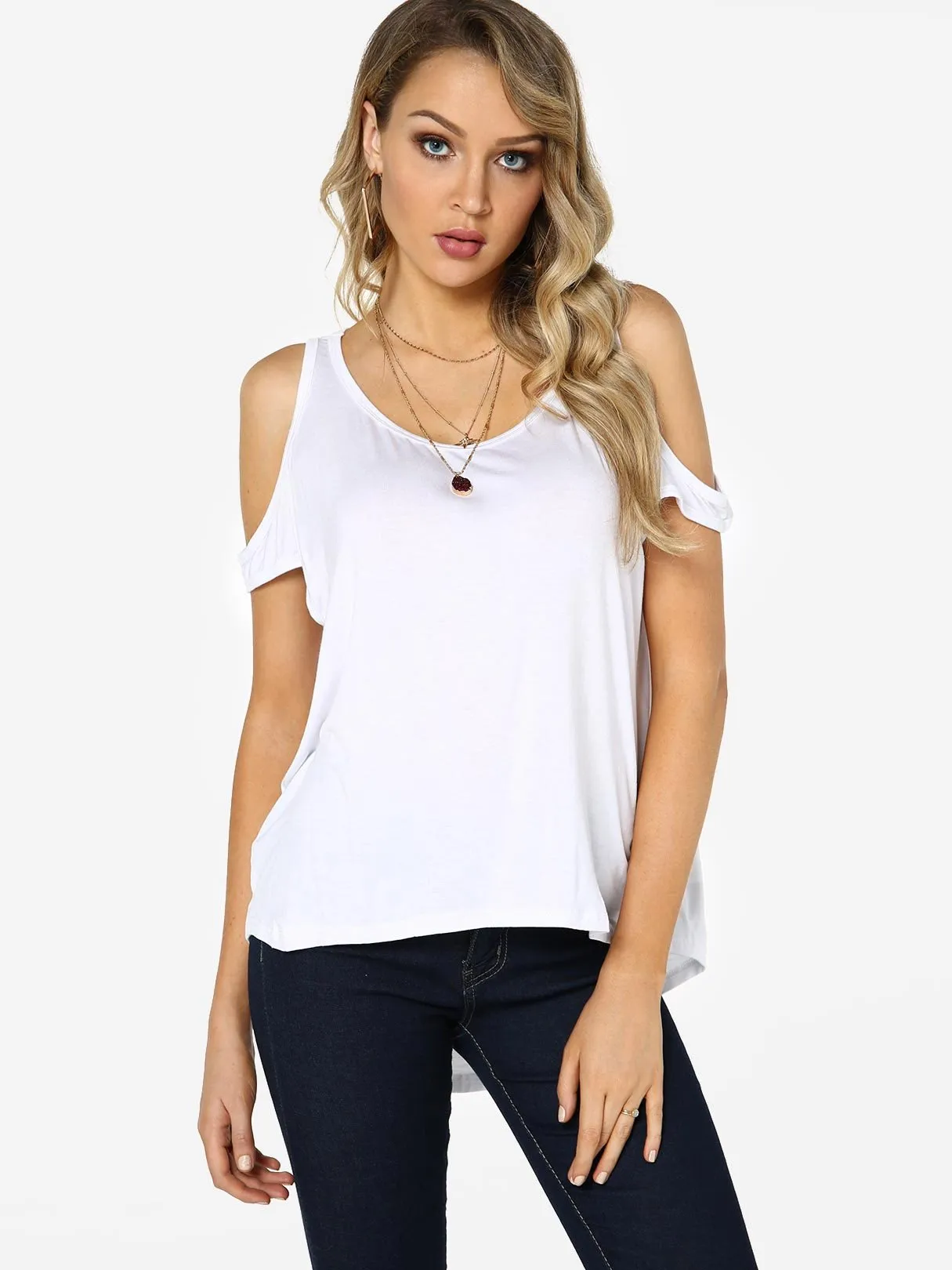 Custom Scoop Neck Cold Shoulder Plain Short Sleeve White Top