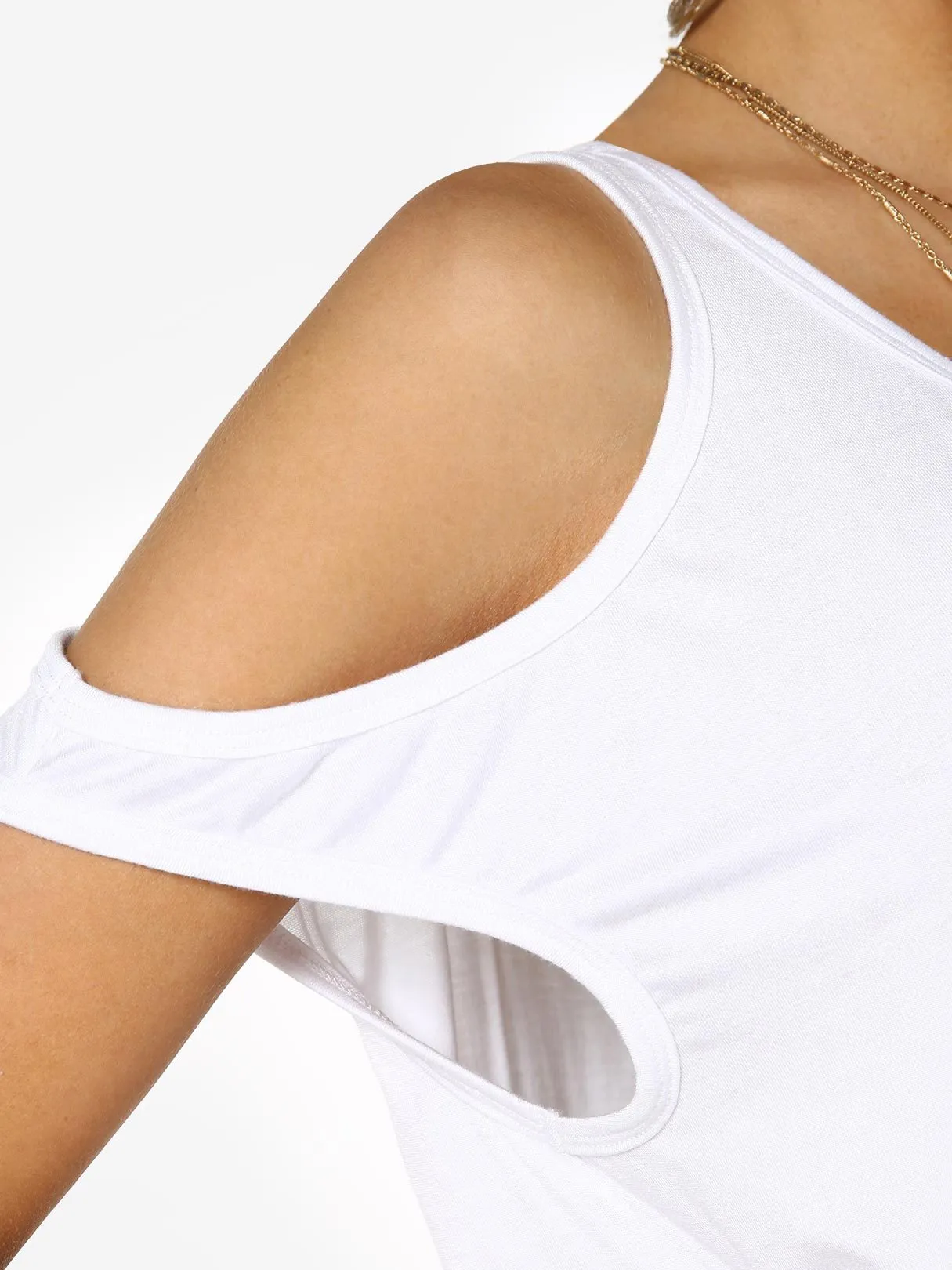 Custom Scoop Neck Cold Shoulder Plain Short Sleeve White Top