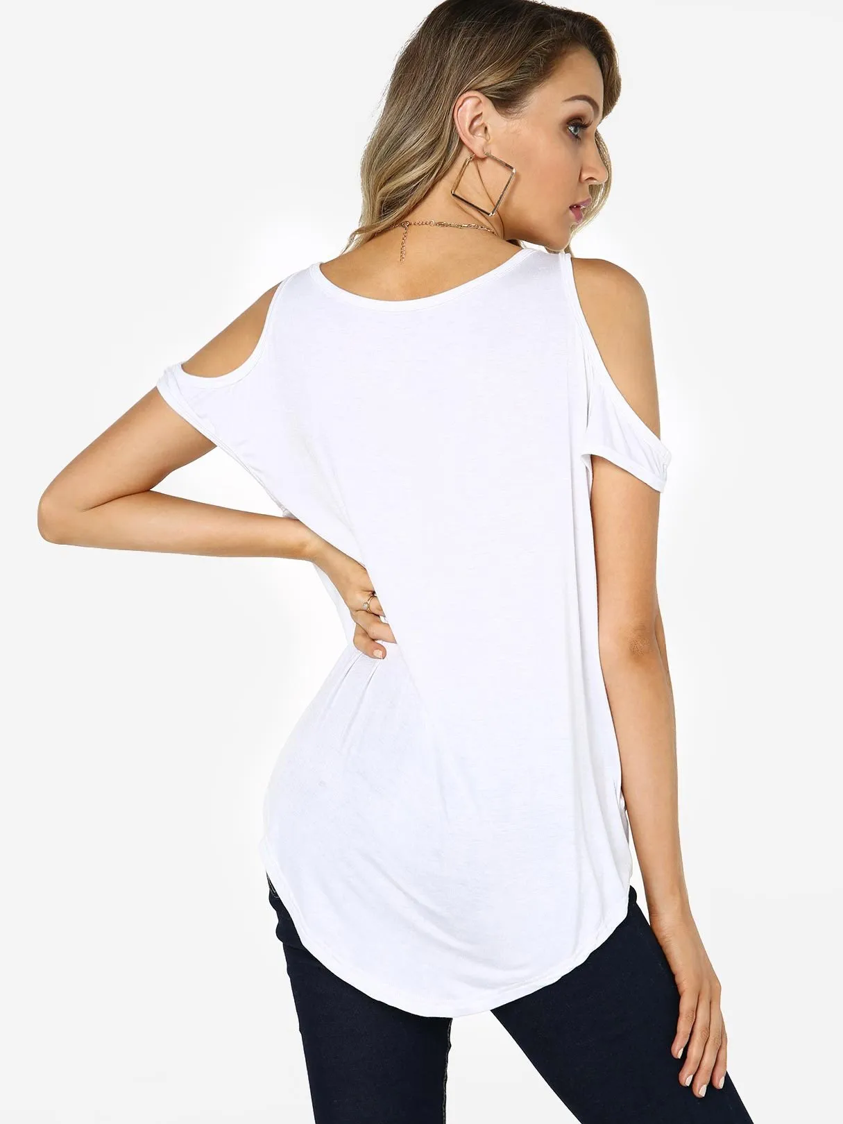 Custom Scoop Neck Cold Shoulder Plain Short Sleeve White Top