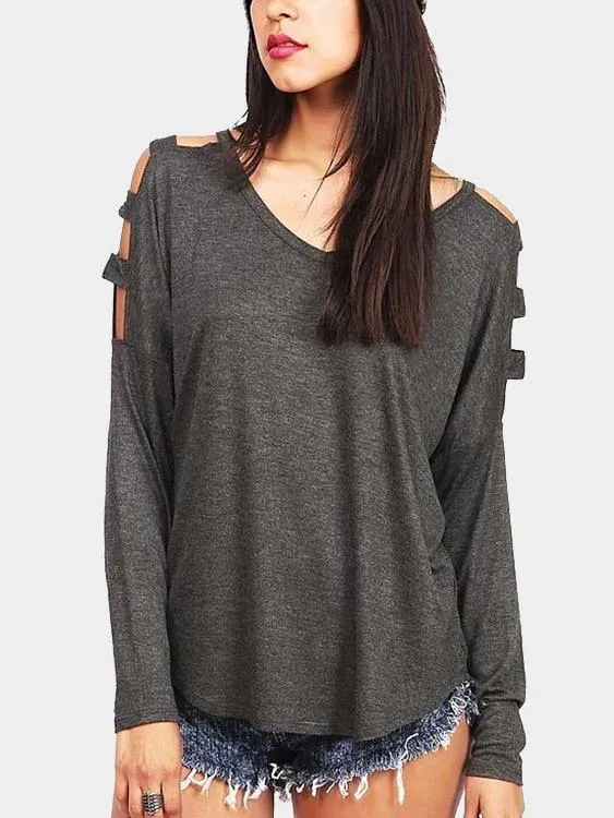 Custom V-Neck Cold Shoulder Cut Out Long Sleeve T-Shirts