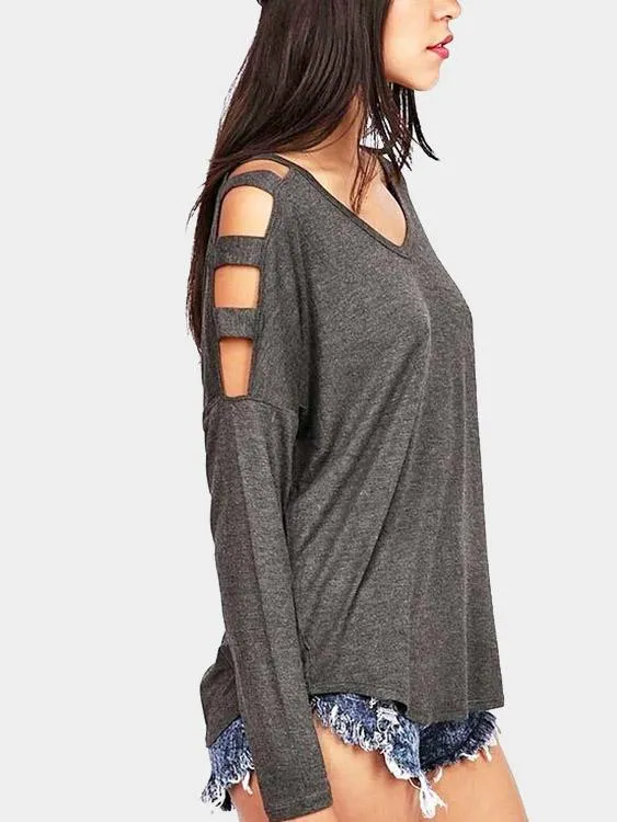 Custom V-Neck Cold Shoulder Cut Out Long Sleeve T-Shirts
