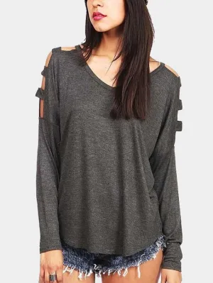 Custom V-Neck Cold Shoulder Cut Out Long Sleeve T-Shirts