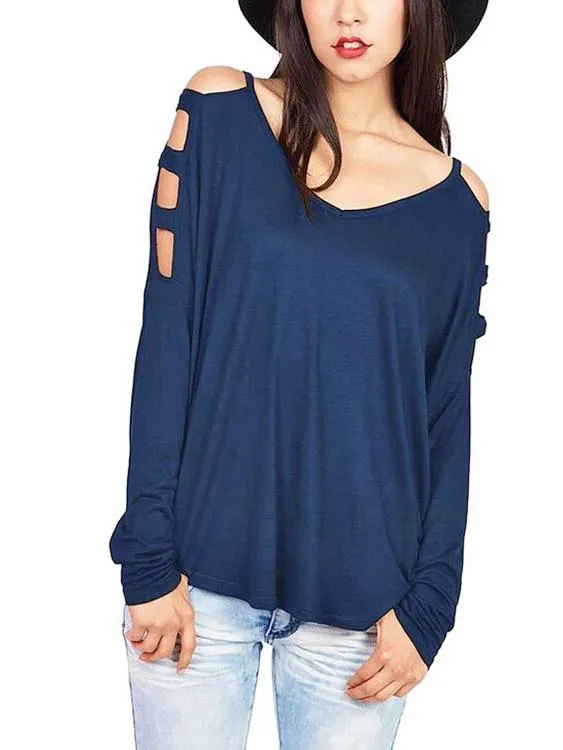 Custom V-Neck Cold Shoulder Cut Out Long Sleeve T-Shirts