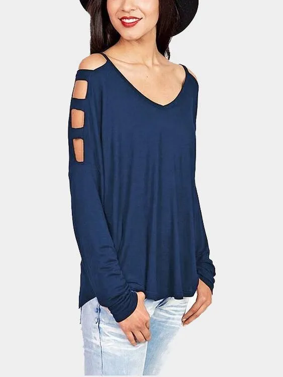 Custom V-Neck Cold Shoulder Cut Out Long Sleeve T-Shirts