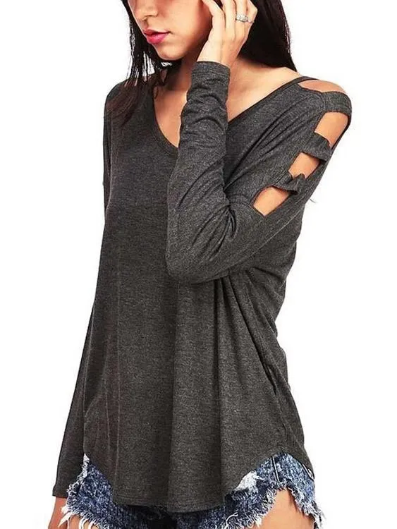 Custom V-Neck Cold Shoulder Cut Out Long Sleeve T-Shirts